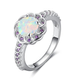 Round Opal Flower Halo Zircon Sterling Silver Ring